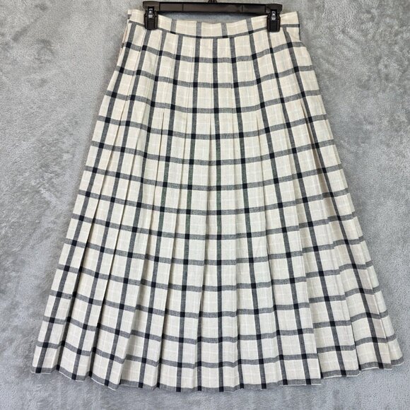 Vintage Cottage Tailor Skirt Womens 12 Beige Black Plaid Pleated Made USA 70s - Picture 5 of 8